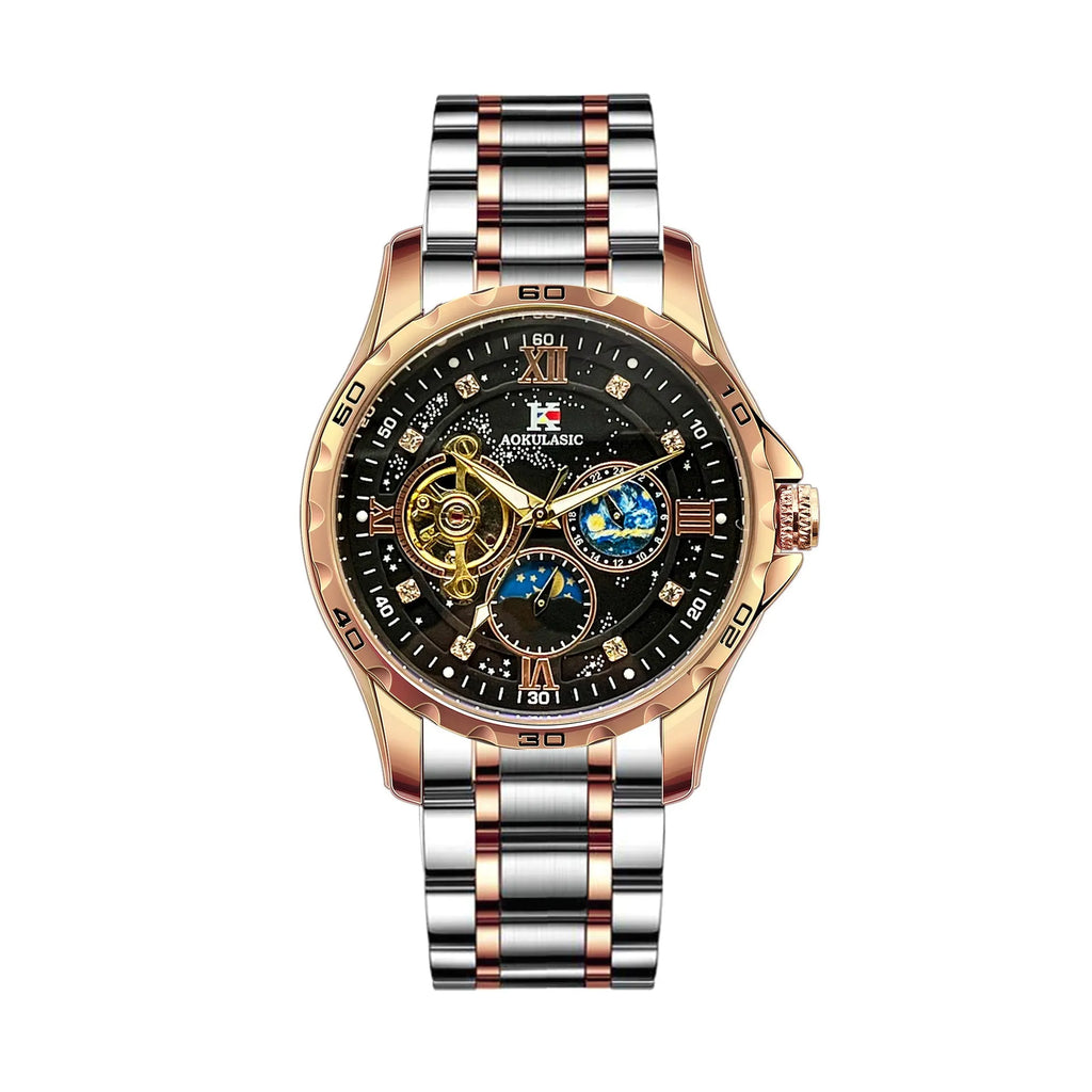 Rose gold automatic mechanical men's watch with black dial and large 44mm case.