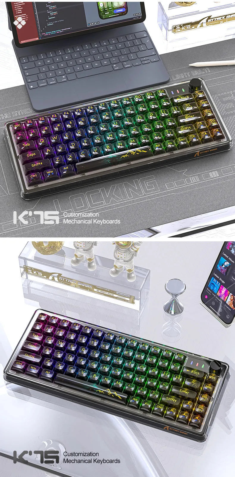 Attack Shark K75 wireless mechanical keyboard with transparent PC case in black or white, 75% compact layout with RGB lighting