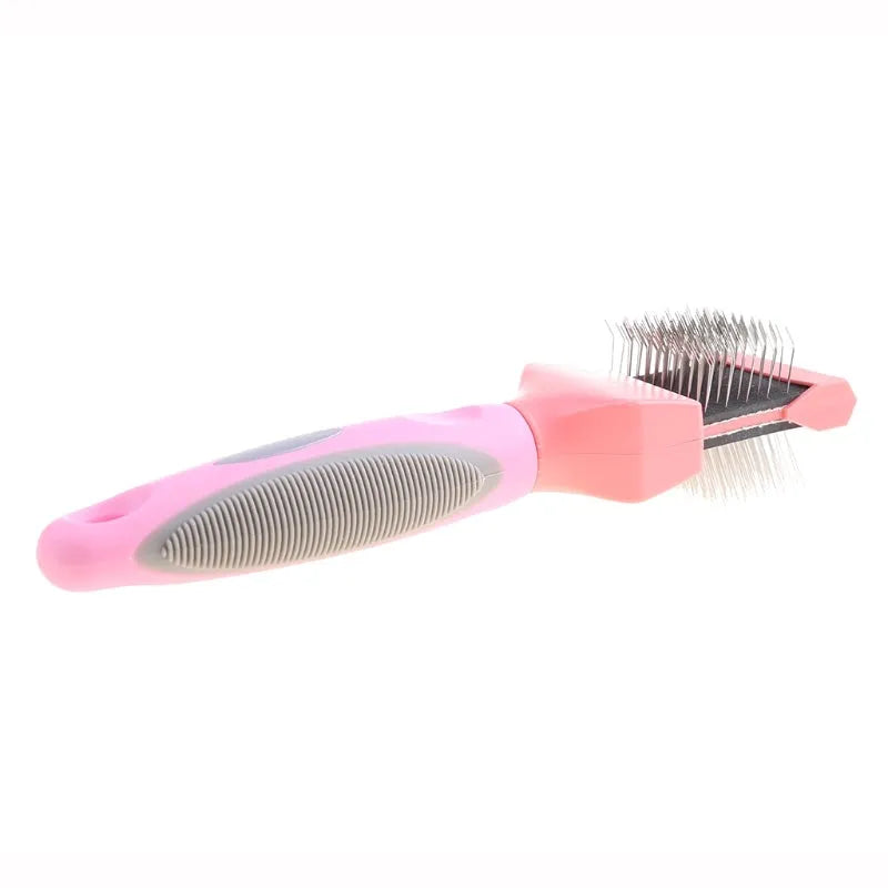 Double-sided pet brush with stainless steel pins on one side and soft bristles on the other