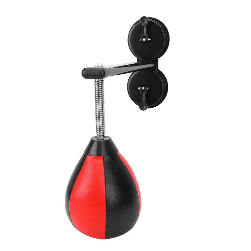 Inflatable hanging boxing reaction ball with pear-shaped tumbler vent and suction cup mounting system