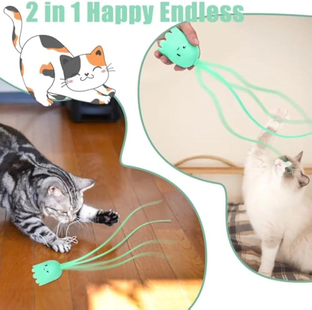Automatic electronic cat toy wand with green silicone tails swinging in motion