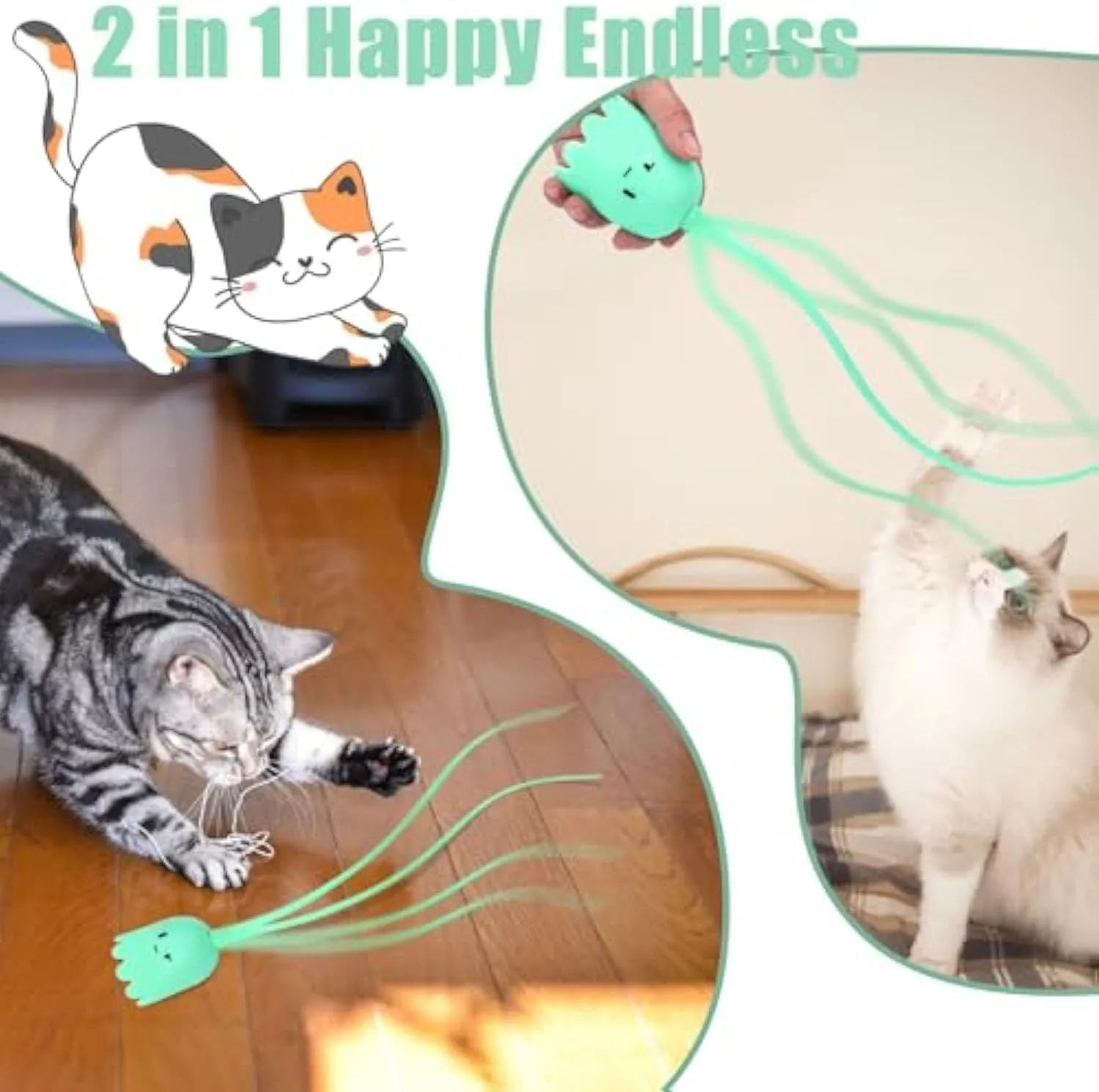 Automatic electronic cat toy wand with green silicone tails swinging in motion