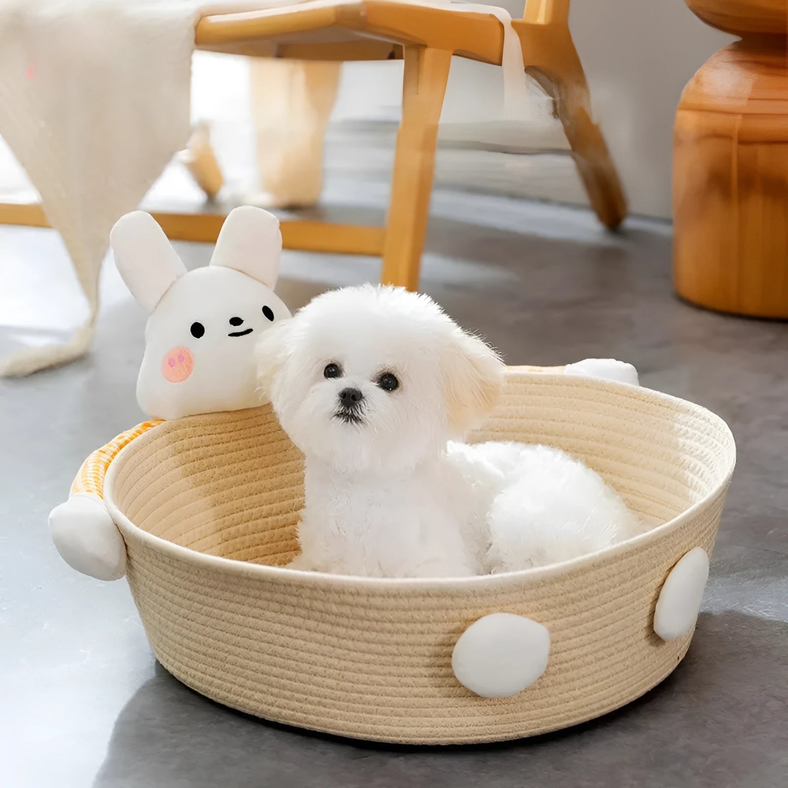 Woven cotton rope cat bed basket with integrated scratching pad in three size options