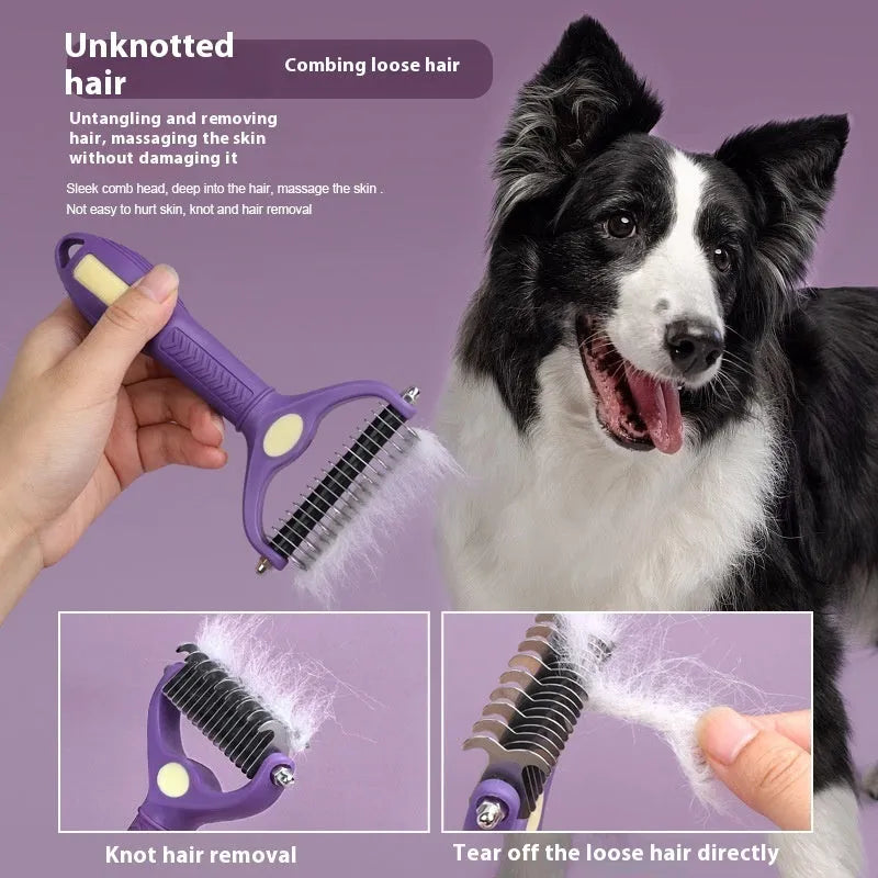 Purple double-sided plastic comb for untying knots in dog fur.