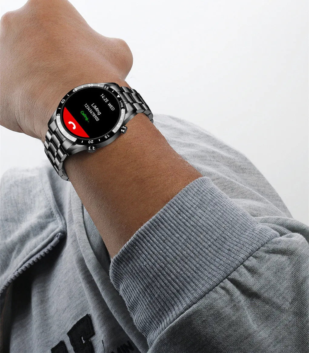 Smart watch with stainless steel wristband showing 1.3 inch screen, available in black or silver colour
