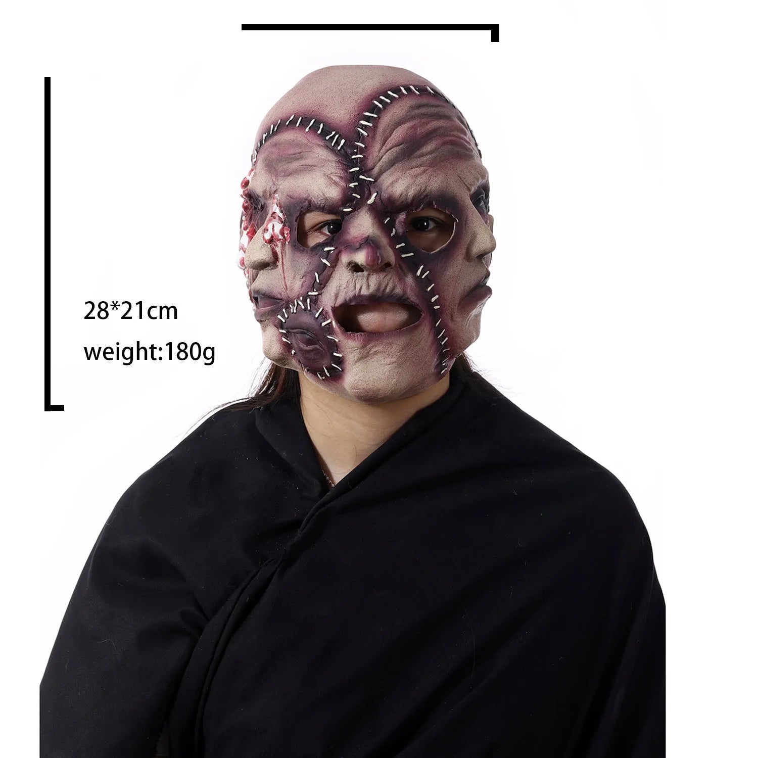 Three-sided grimace horror Halloween mask showing detailed latex texture and facial expression