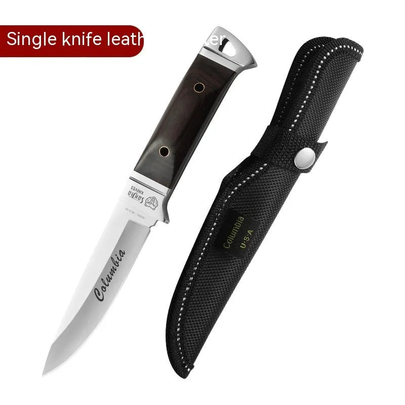 Camping portable fruit knife with leather case showing stainless steel blade and national style design