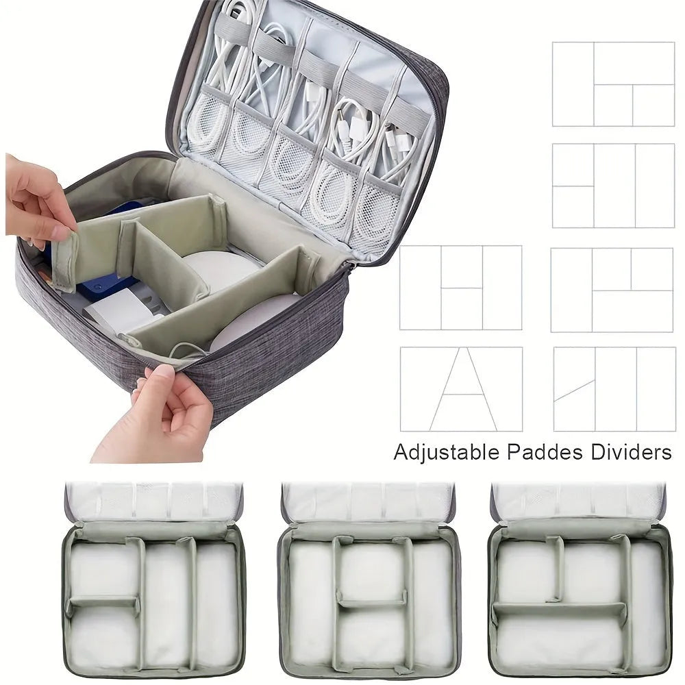 Black waterproof electronics organiser bag open to show removable dividers and mesh pockets for cables.