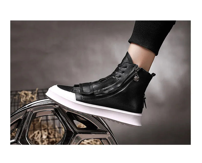 PU leather men's winter ankle boots in high-top sneaker style, black and white options
