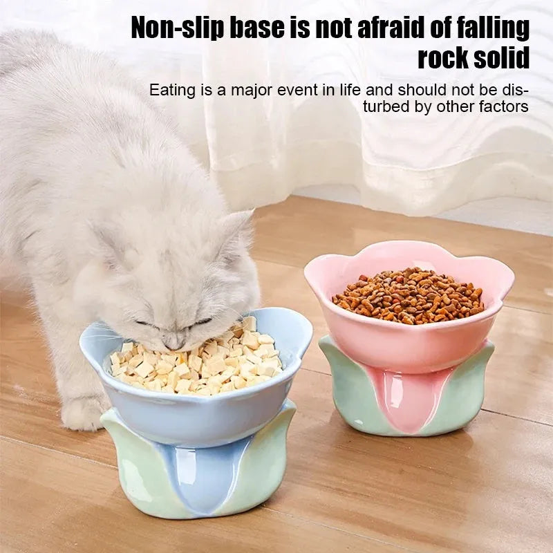 Blue floral patterned ceramic raised pet bowl with non-slip base for cats and small dogs