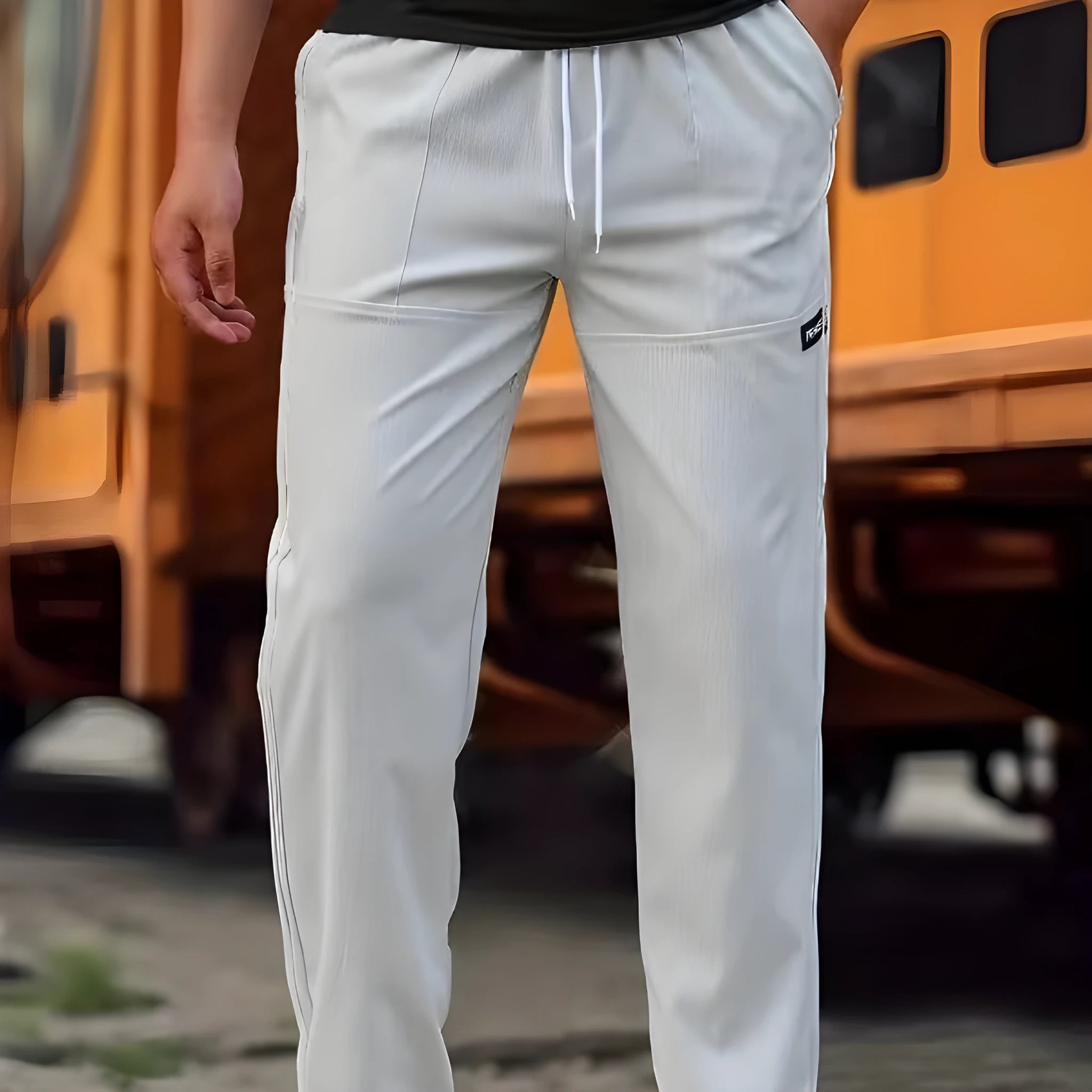Men's polyester trousers for spring and autumn in various colours including light grey and dark green.