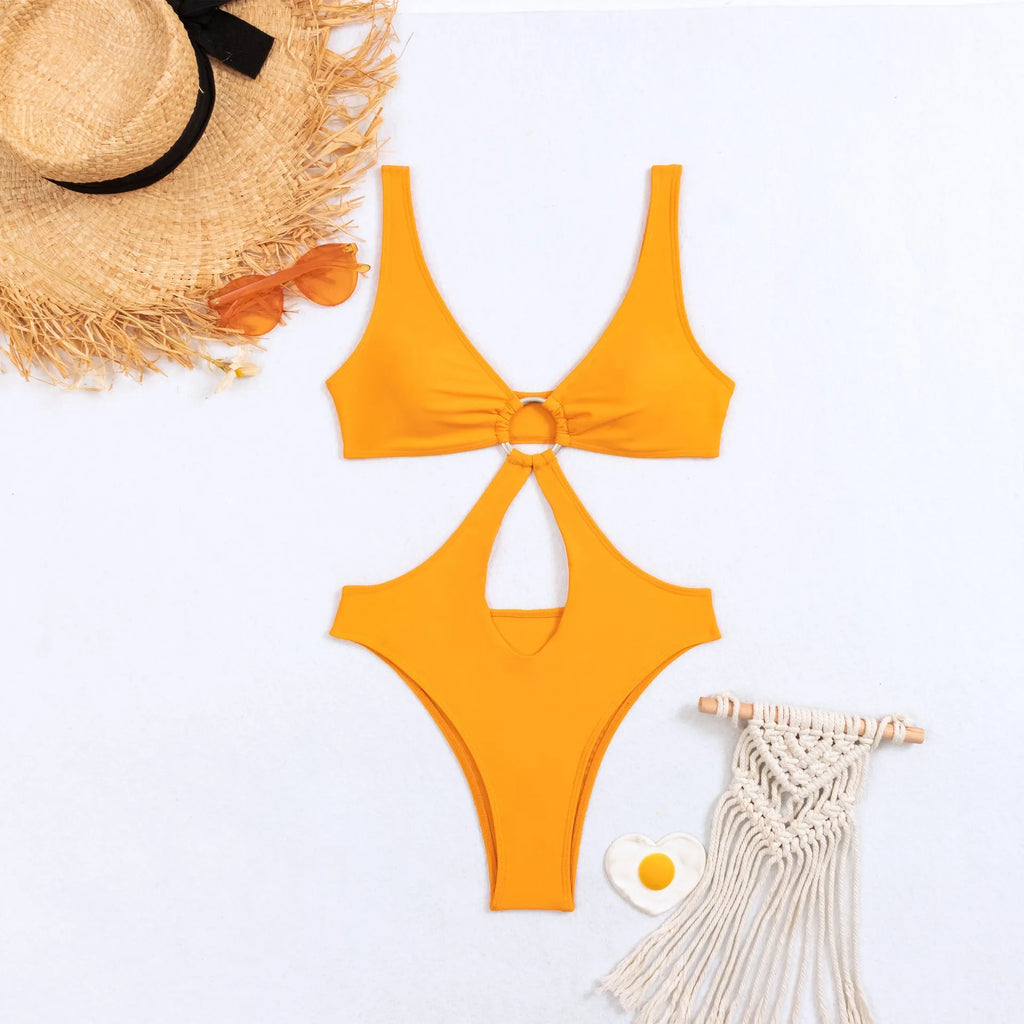 Women's black triangle one-piece swimsuit made from nylon fabric with sleeveless design