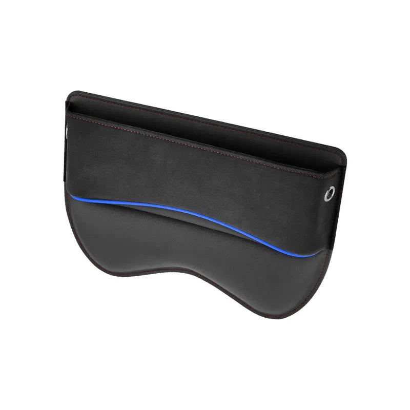 Leather car seat storage box in a choice of five colours on a car rear seat.