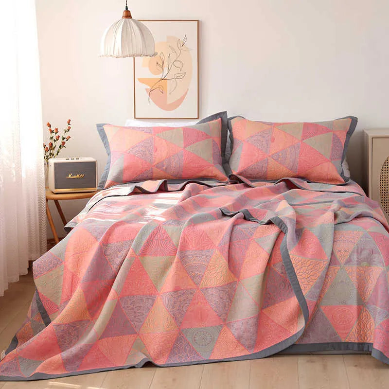 Cotton gauze three-piece bedding set with floral plant pattern including blanket and two pillowcases