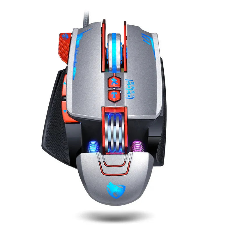 Thunder Wolf V9 black wired gaming mouse with ergonomic shape and 6 keys on a desk