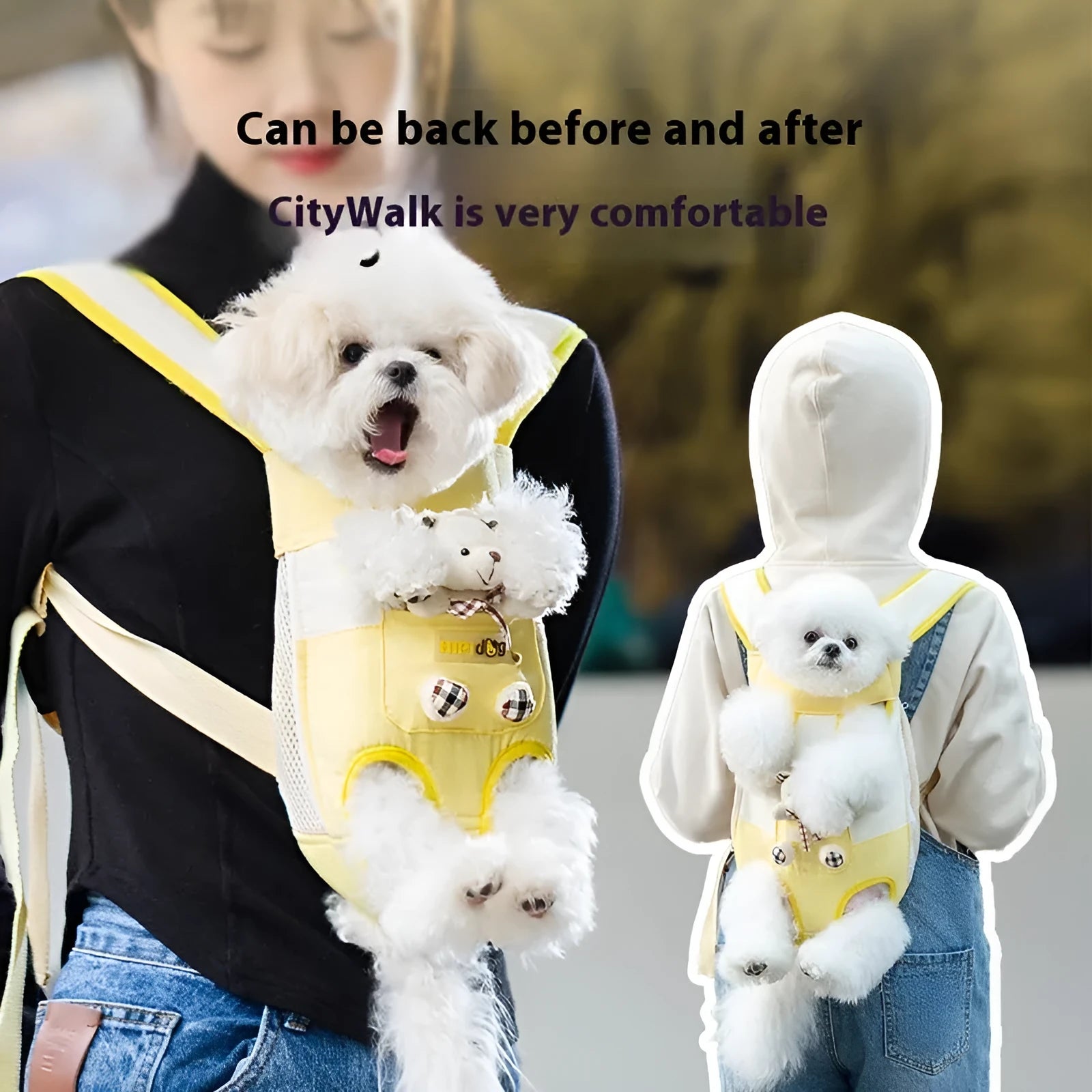 Soft cartoon animal design pet chest bag in canvas, shown in multiple colour stitching options.