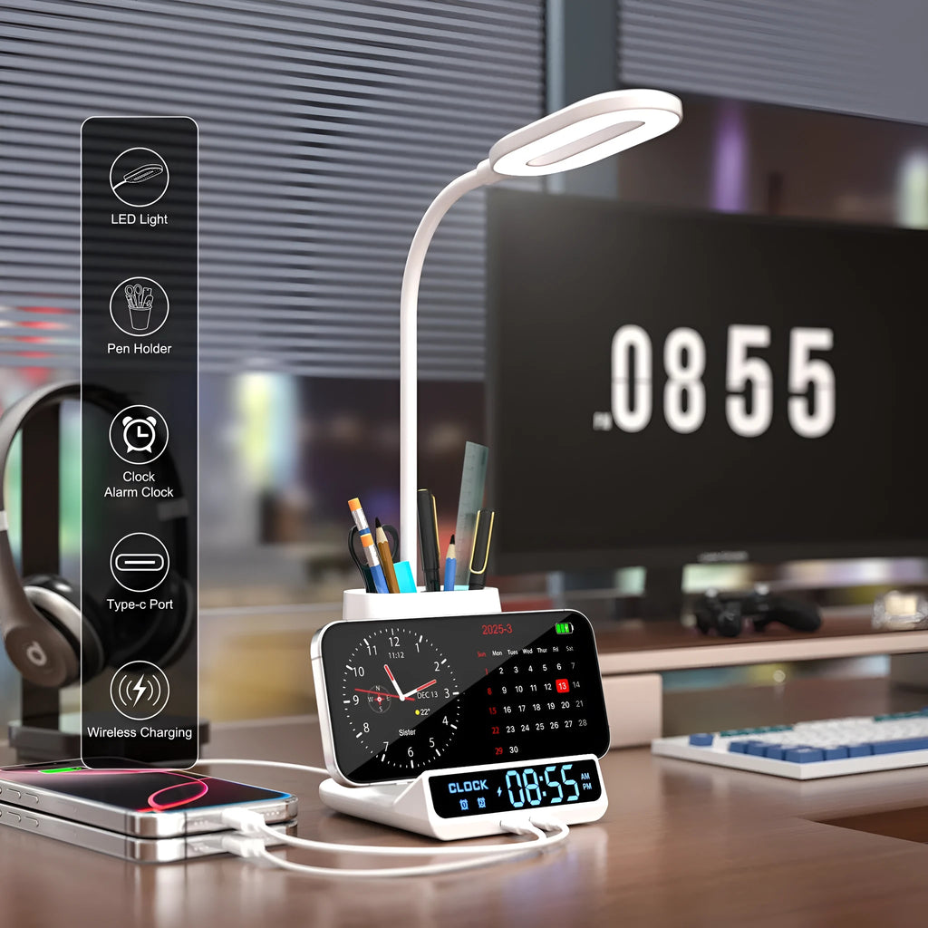 Modern minimalist desk lamp with integrated wireless charging pad and pen storage box