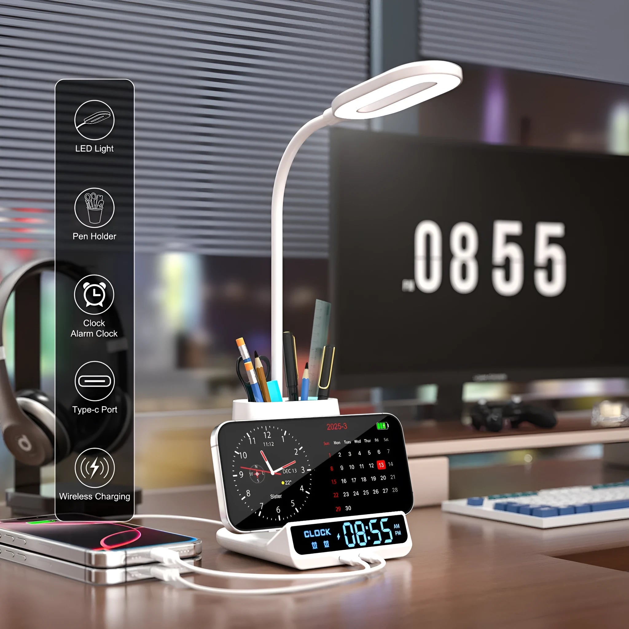 Modern minimalist desk lamp with integrated wireless charging pad and pen storage box