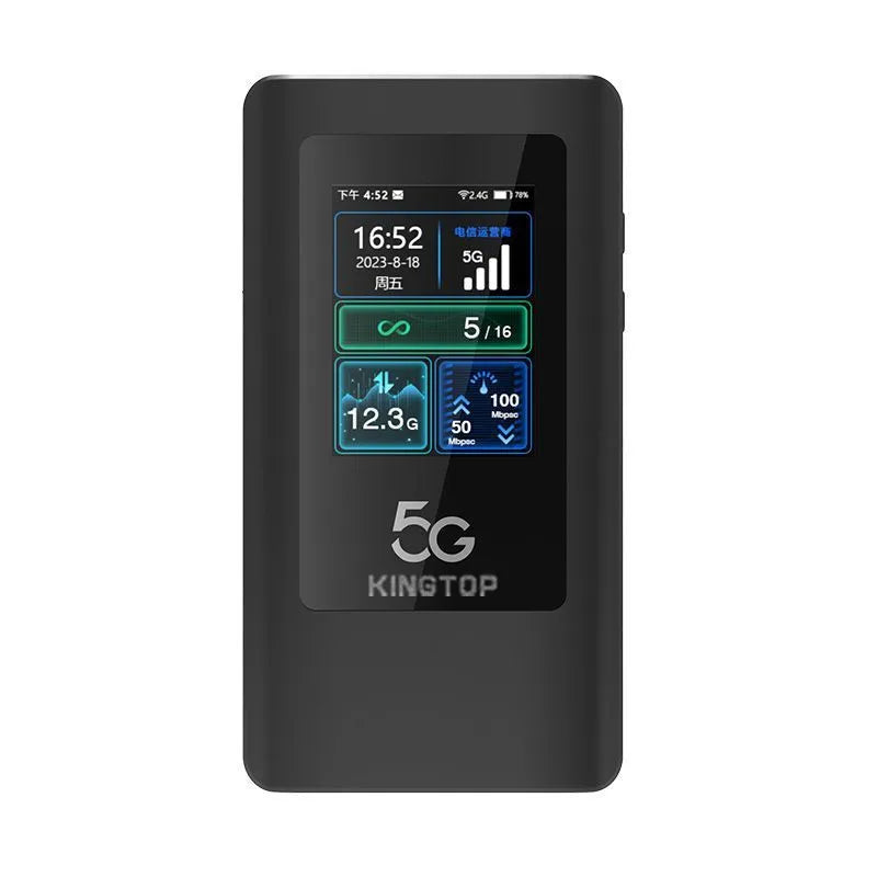 Black portable 5G Wi-Fi router showing LCD screen, USB Type-C port, and power button