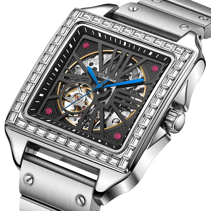 Men's square automatic watch with diamond studs on case, available in black or white with leather or steel strap.