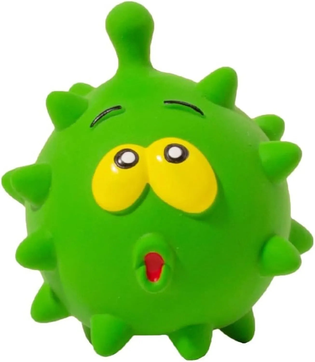 Set of four coloured squeaky dog balls with cute faces on a bumpy latex rubber surface.