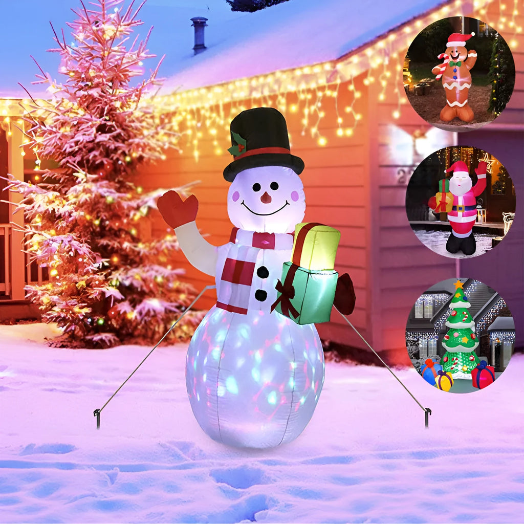 Christmas LED inflatable decoration of a glowing Santa Claus figure in a garden at night