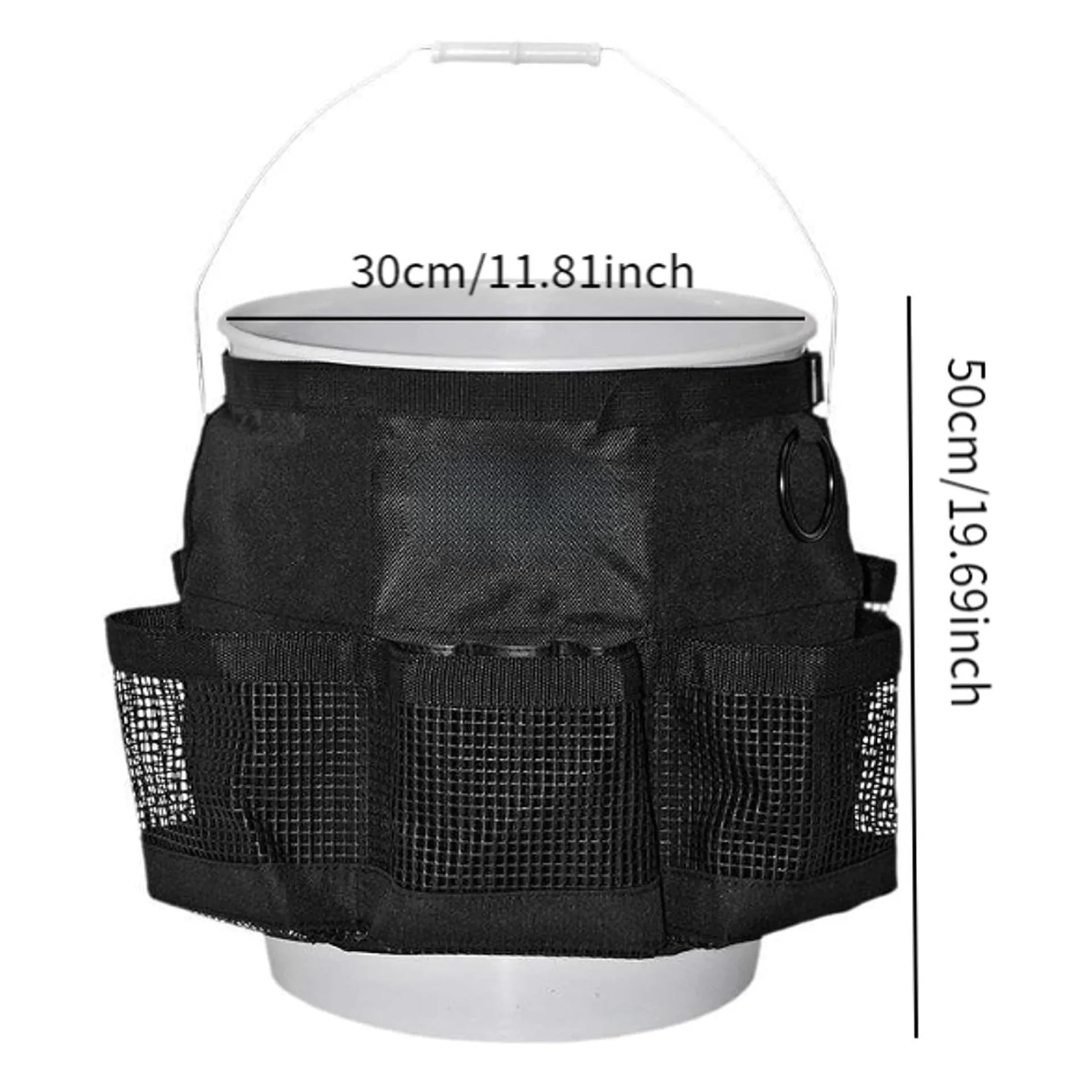 Black cylindrical polyester buggy bag hanging from a 5 gallon barrel for tool storage.