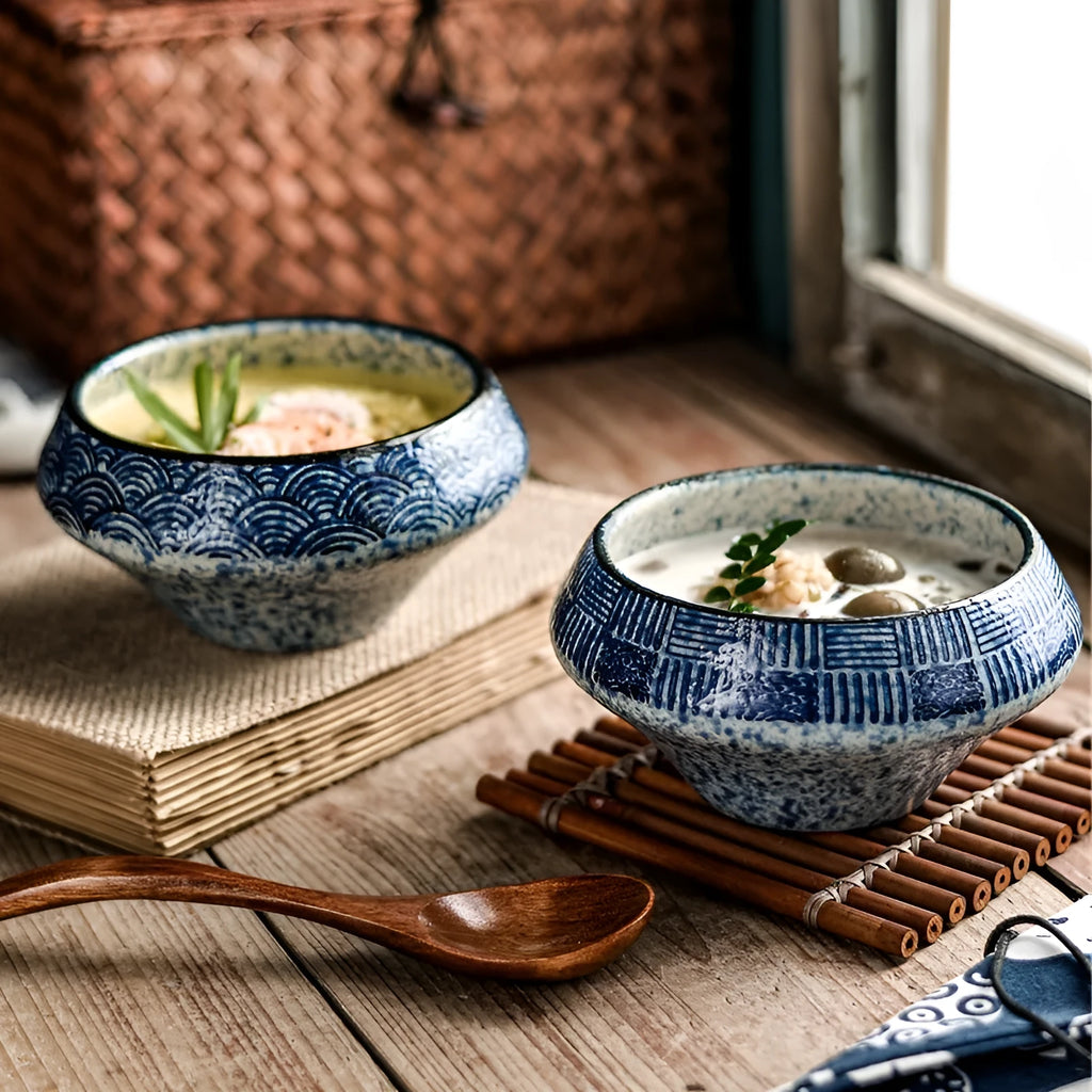 Tall Japanese ceramic soup bowl with decorative retro pattern, suitable for noodles and microwave reheating