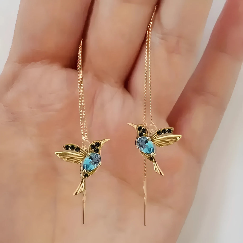 Women's personalised bird hanging long style earrings with mixed zirconium wings in three colour options