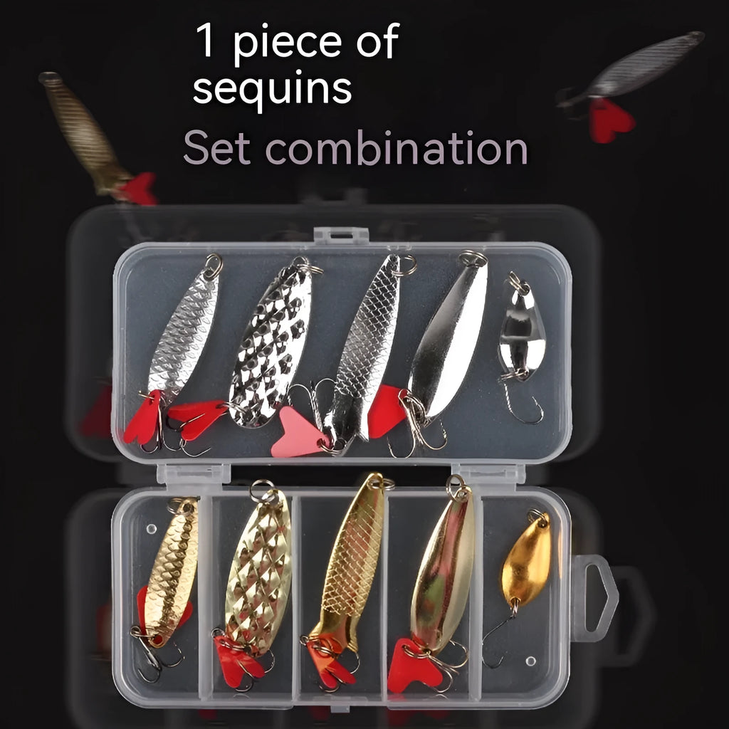 Three sets of metal sequin false baits in box iron packaging for lure fishing