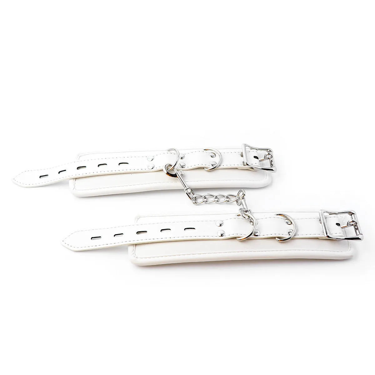 White PU sponge bondage restraint set showing handcuffs, footcuffs, and neck scarf components