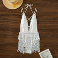 White deep V neck tassel dress one-piece swimsuit with sleeveless design