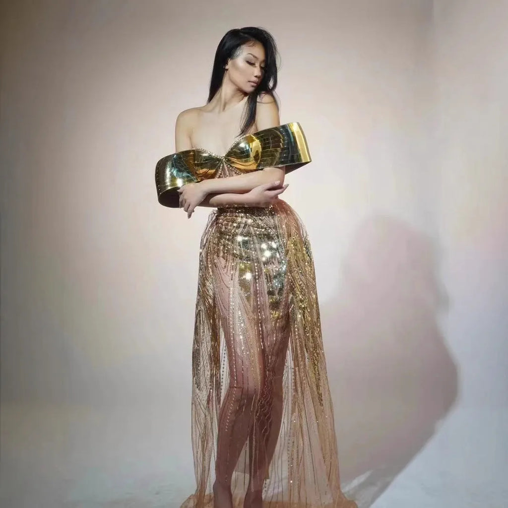 Gold strapless sequin dress with split skirt and tube top for women's formal occasions