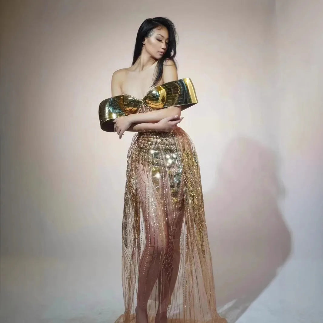 Gold strapless sequin dress with split skirt and tube top for women's formal occasions