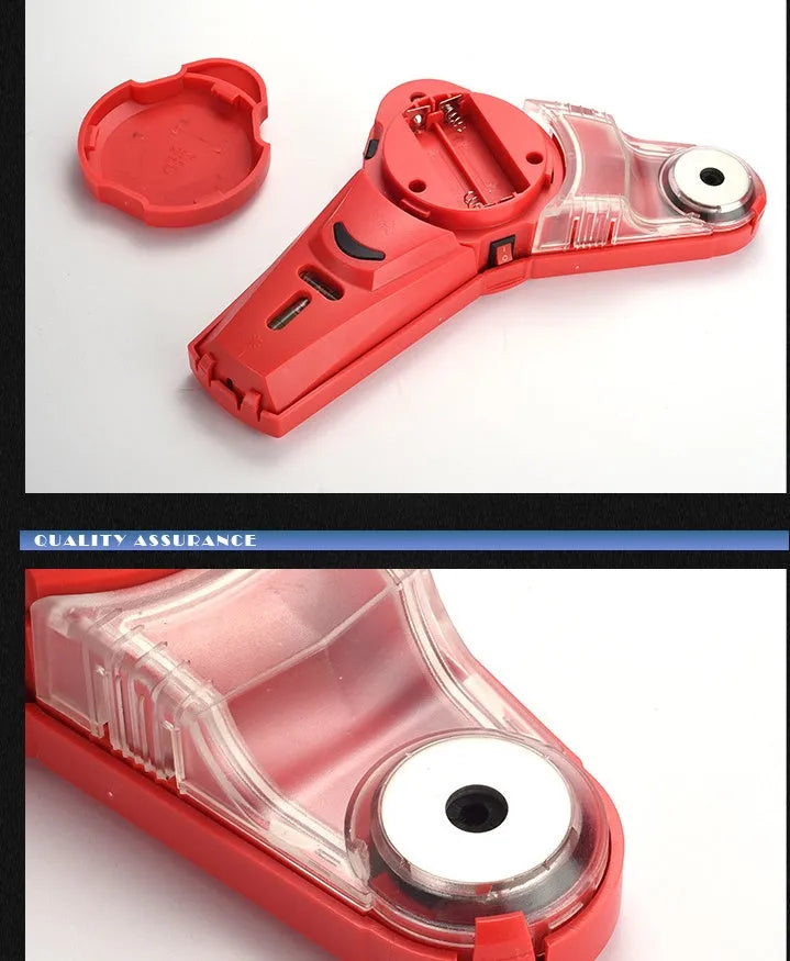 Red portable laser level tool for woodworking line projection and punching positioning on a workbench.