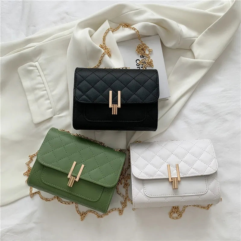 Women's PU leather crossbody bag with diamond lattice pattern in black, white, or green