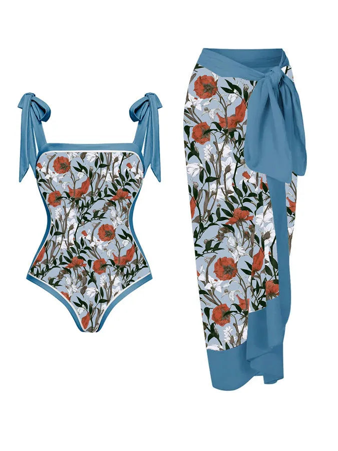 Women's printed two-piece chiffon swimsuit with hip skirt in floral pattern for swimming.