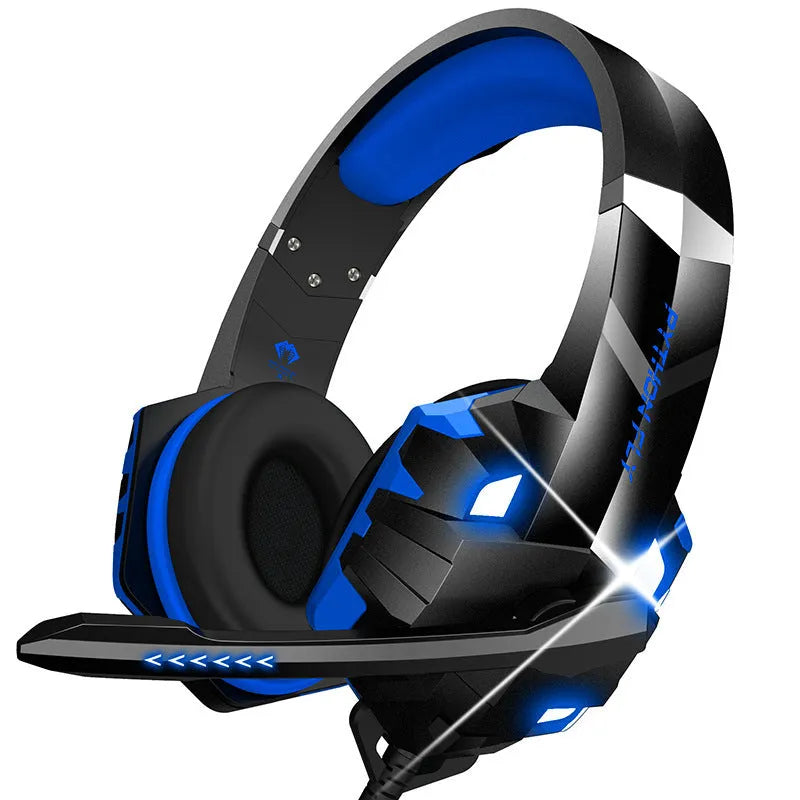 Wired gaming headset with microphone and rainbow breathing lights in blue colour with 3.5mm plug