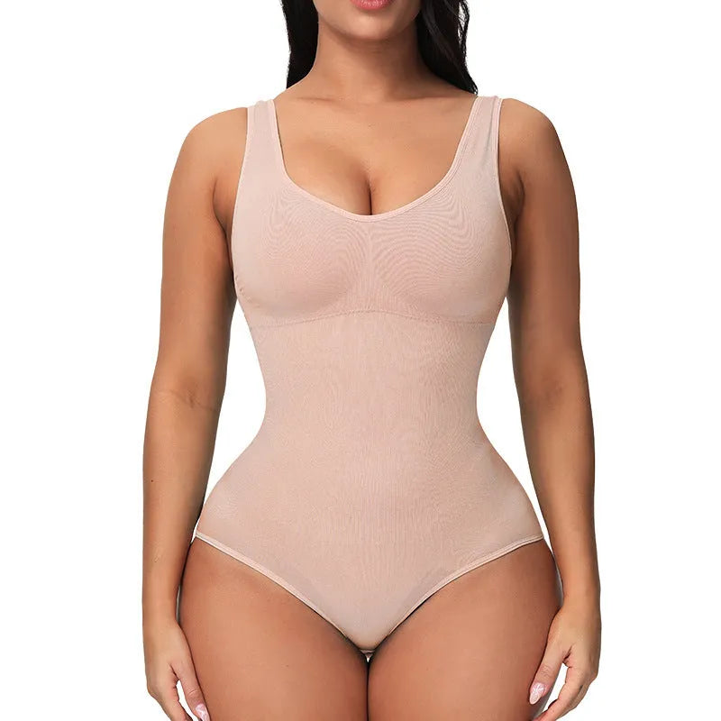 Seamless nylon bodysuit for women in apricot colour with waist support design