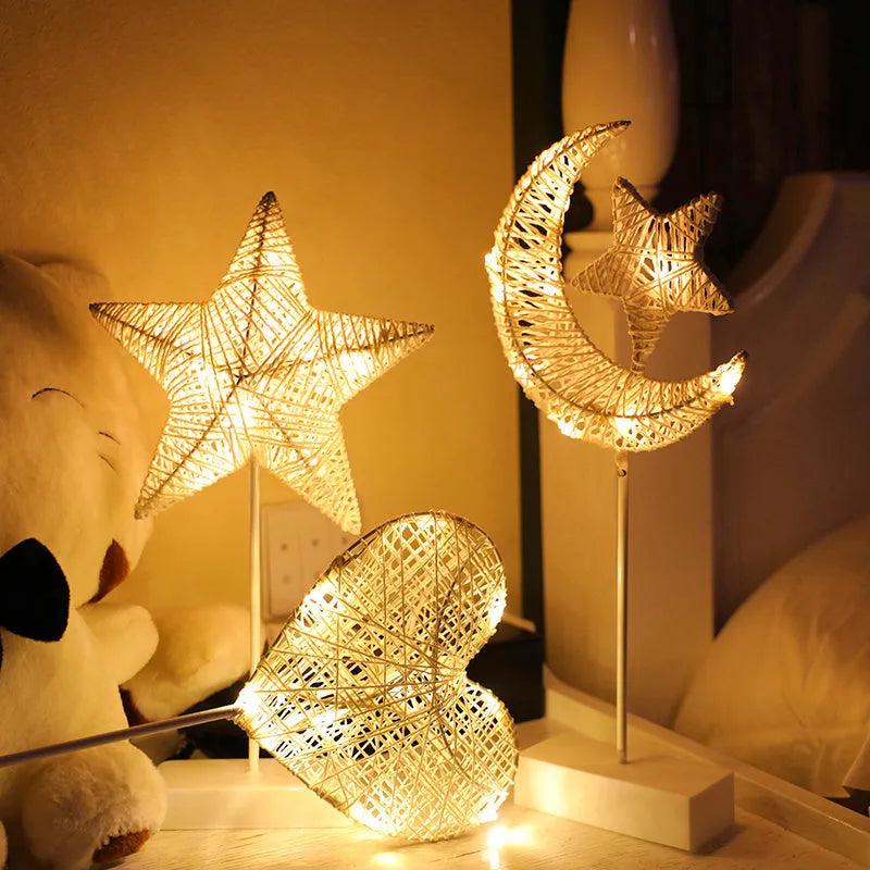 Rattan ball LED string lights with star, heart, and moon shaped lamps for bedroom decoration
