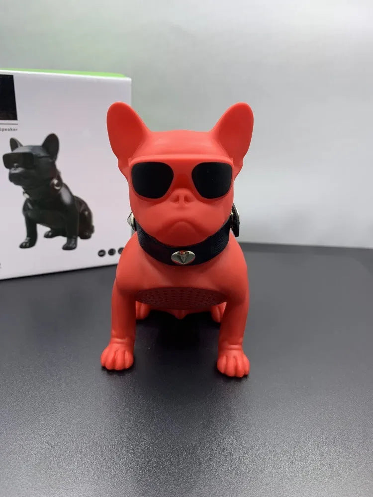 Mini bulldog-shaped Bluetooth speaker in black, red, or white colours showing wireless design