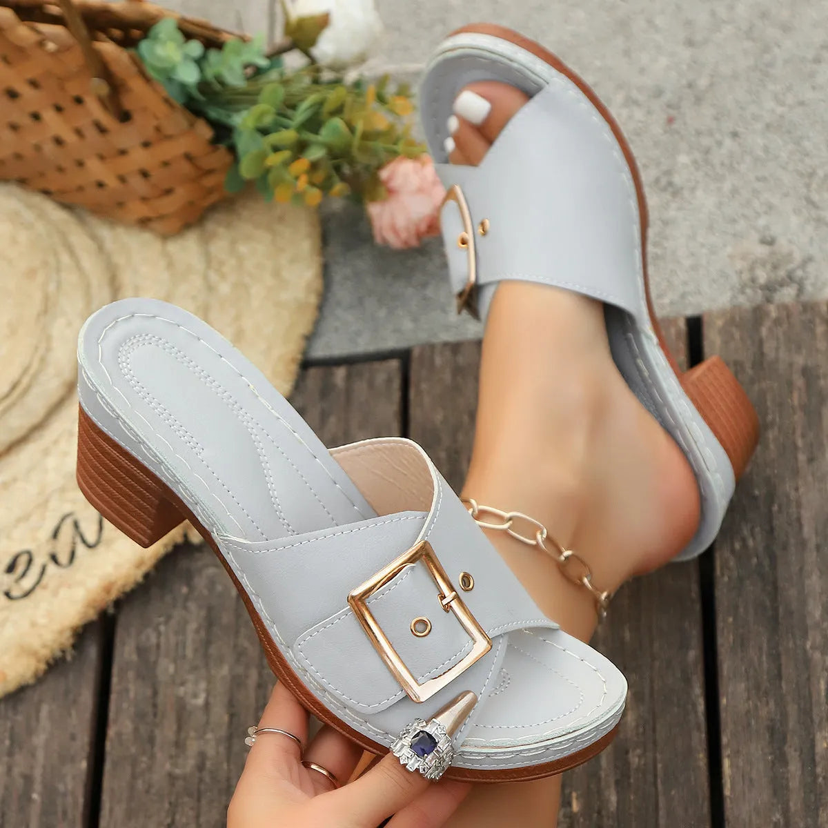 Women's retro chunky heel slippers with metal buckle in black and light blue colours