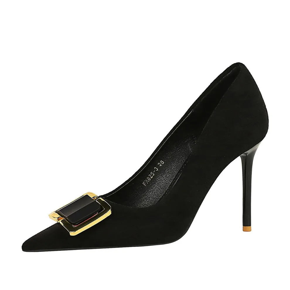 Black suede women's stiletto high heels with 9cm heel and shallow mouth cutout design