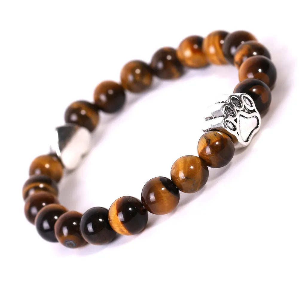 Tiger eye and Indian agate stone bracelet with a silver dog's paw charm and a small love heart on a beaded band.