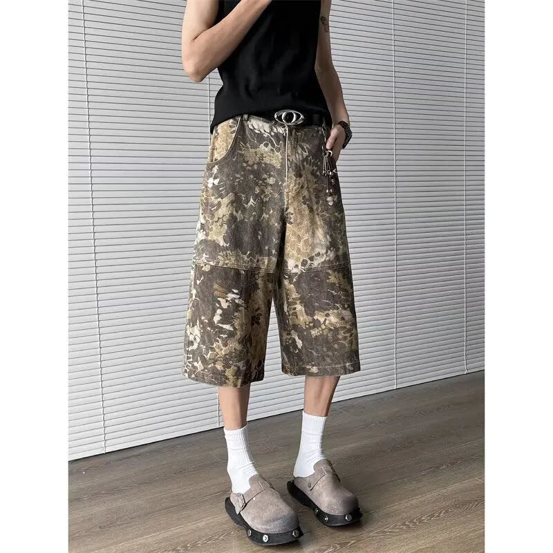 Yellow women's jeans with snake camouflage pattern, cropped length, cotton denim fabric