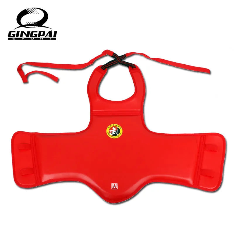 Red boxing helmet with one-piece chest protector for fighting training