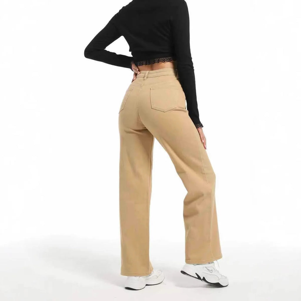 Women's autumn straight leg jeans in wide leg high waist style, apricot colour