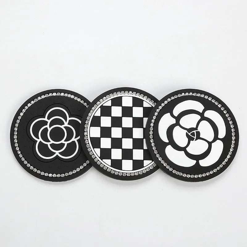 Plastic car cup mat coaster with universal fit and non-slip PVC base in four pattern designs