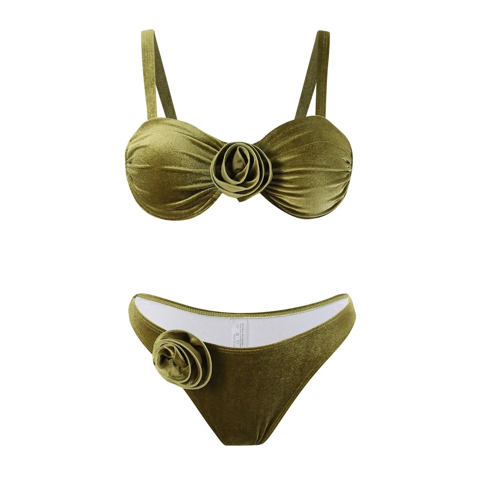 Women's green floral swimsuit bikini with high elasticity fabric for swimming and fitness