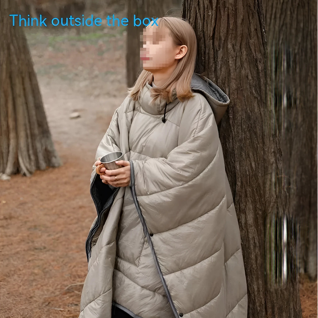 Grey outdoor cloak sleeping bag for adults showing wearable design and 200x140cm dimensions